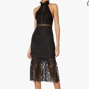 NWT New A.B.S. Allen Schwartz Black Open Back Halter Lace Dress Semi Sheer 8